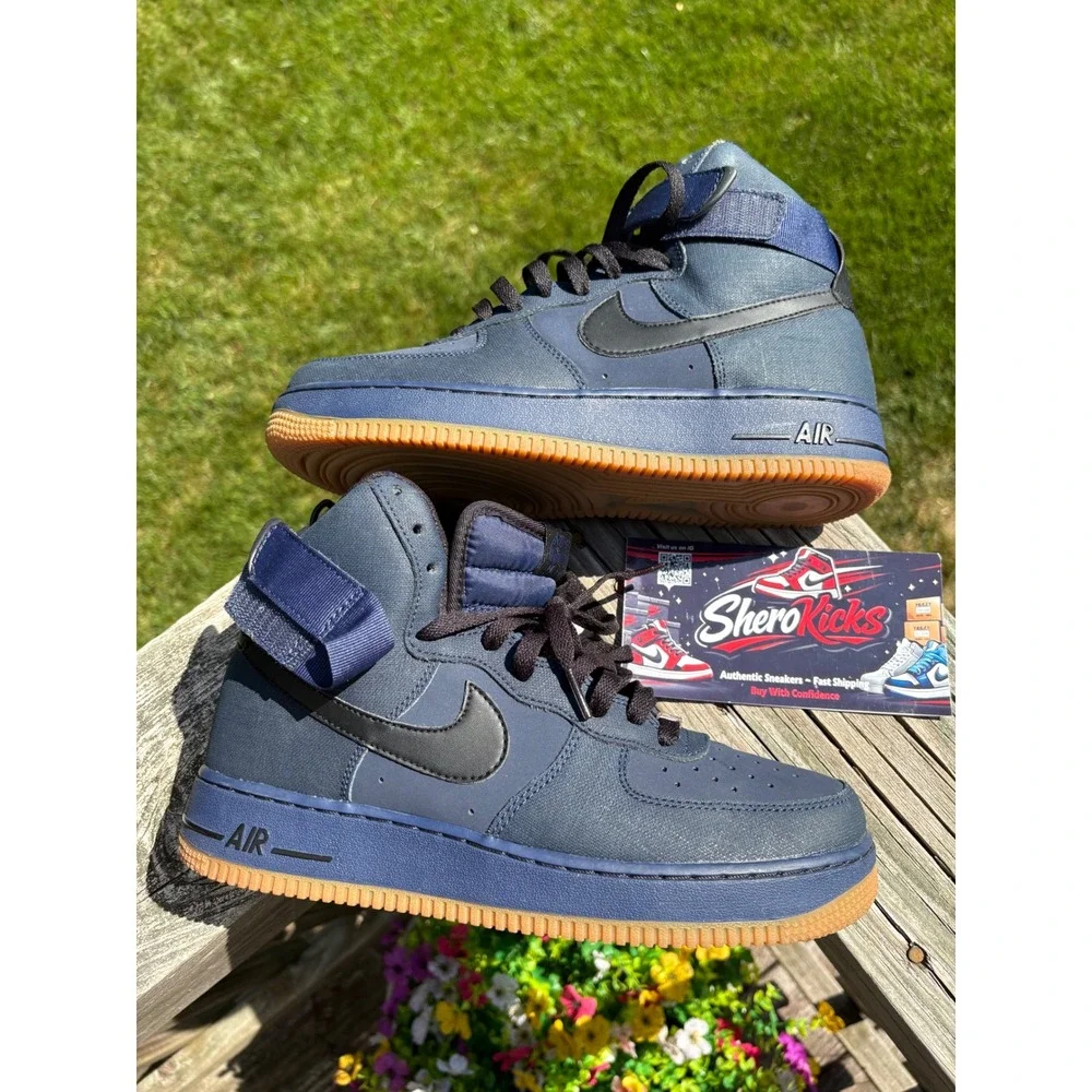 Nike‎ Air Force 1 High Midnight Navy Gum Sole Canvas Sneakers M 8.5 315121-410